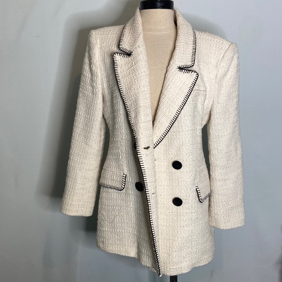 Zara Ecru Topstitched Double Breasted Blazer Large - Picture 2 of 7